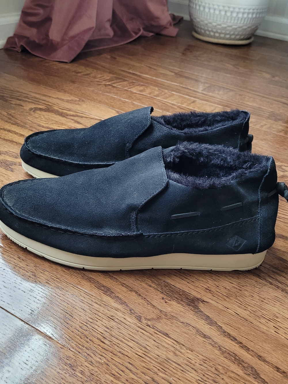 Sperry Black Suede Slip-On Moccasin with Faux Fur